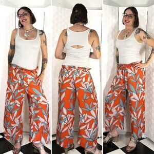 Eva Franco Lukas Cropped Wide Leg Paperbag Pants in Rio Flora Orange. Botanical